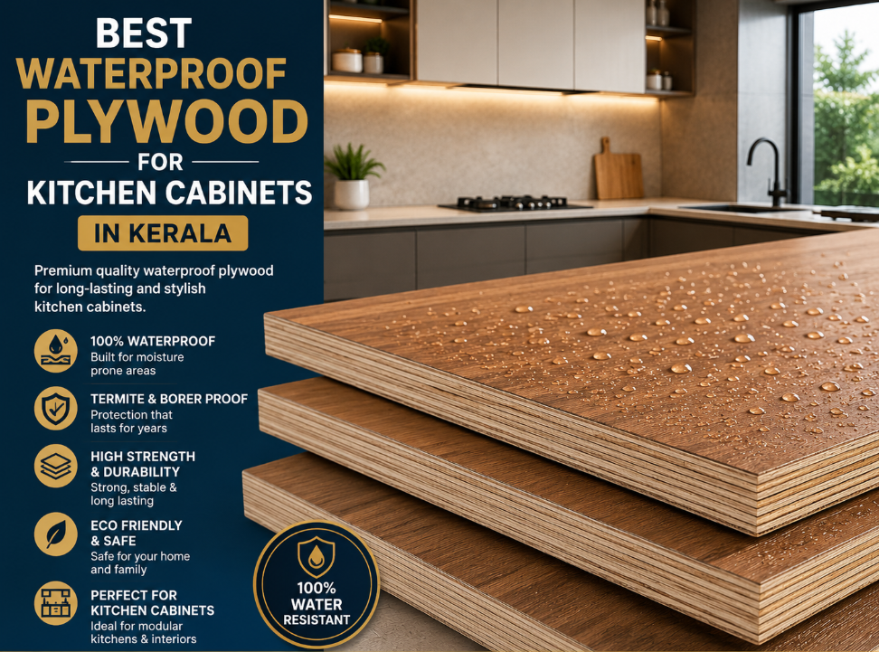 Best waterproof plywood for kitchen cabinets in Kerala with moisture-resistant and durable plywood sheets in a modern modular kitchen.