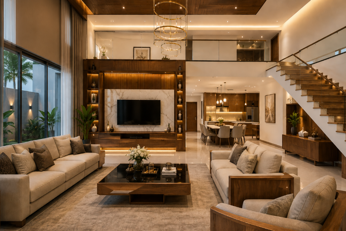 Luxury villa furniture interior with modern living room design, premium wooden finishes, elegant lighting, and stylish modular interiors.
