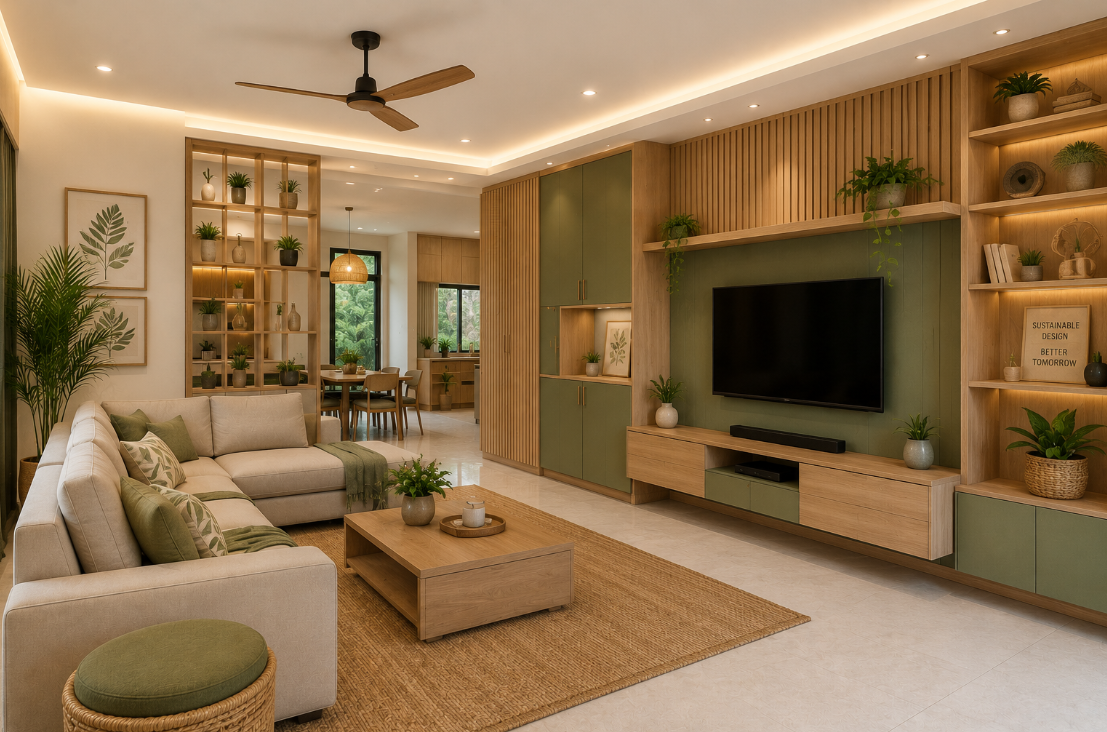 Eco-friendly modular interior design with wooden finishes, green accents, modern furniture, and sustainable living room interiors.